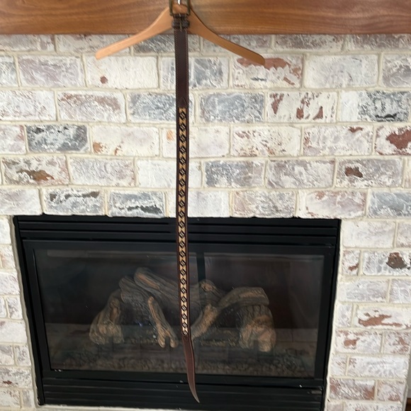 Other - Brown leather belt with navy and jute inlay, 38 waist